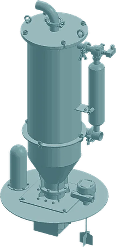Powder vacuum loader that cleans its own filter, isometric